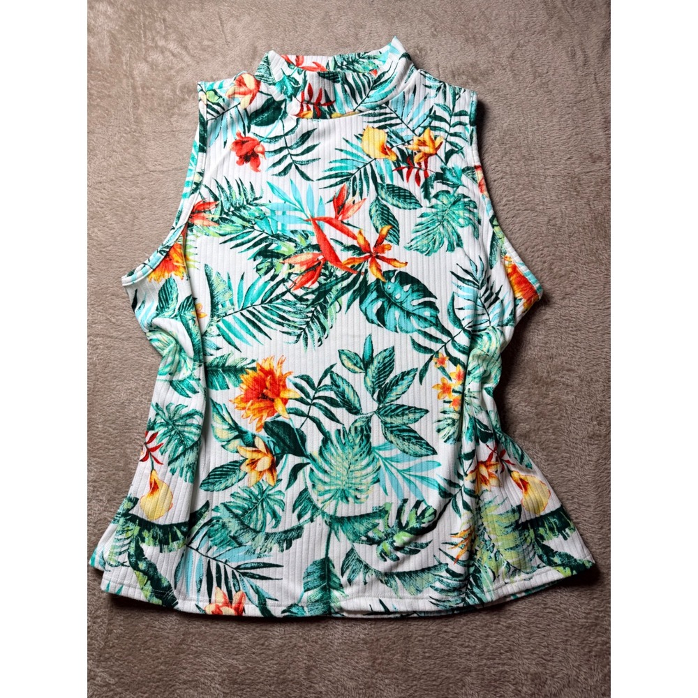 Eye Candy‎ Women 2X Tropical Floral Ribbed Mock Neck Sleeveless Top Summer